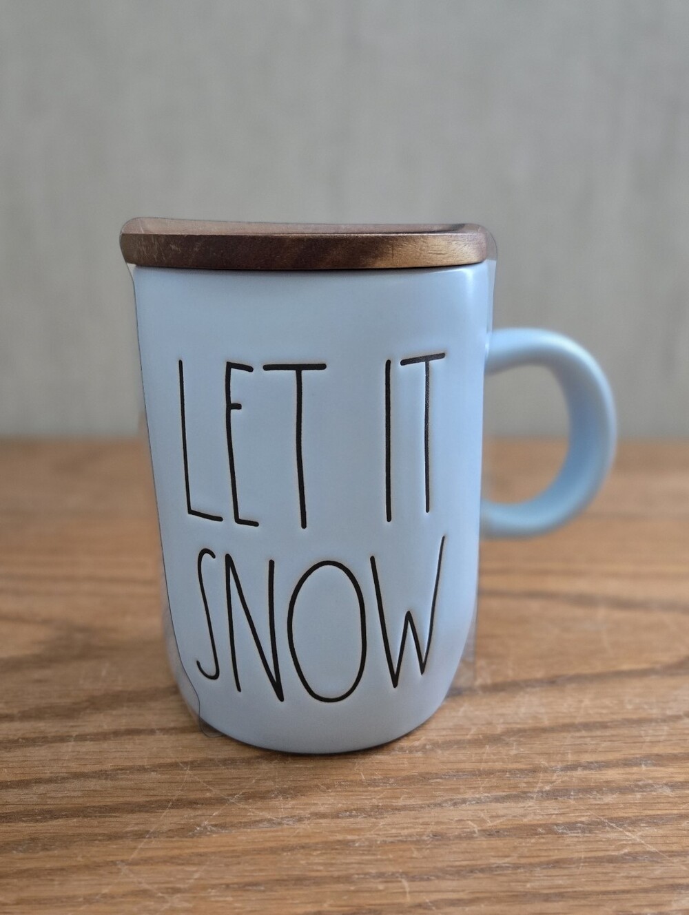 Rae Dunn Light Blue 'Let It Snow' Ceramic Mug with Wooden Lid/Coaster